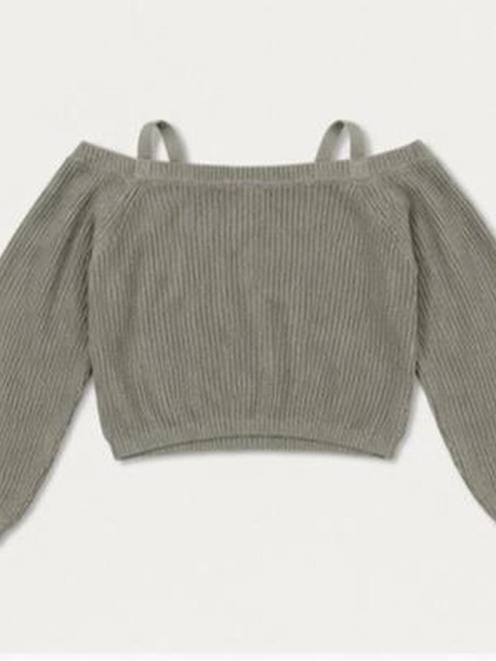 IJOAH Sage Grey Ribbed Off Shoulder Cropped Knit Sweater Bardot Y2K L